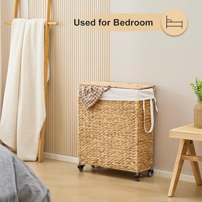 Rolling Laundry Hamper with Lid and Wheels, Slim Laundry Basket with Removable Liner Bag & 2 Mesh Bags, Handwoven Water Hyacinth Clothes Hamper for Bedroom Bathroom (Natural, 85L) - color: Natural/With Lid/85L