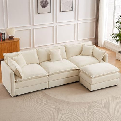 Modular Sectional Sofa, 112.2 Inch L Shaped Couch Set with Armrests, 3-Seater Comfy Cloud Couches with Movable Ottoman for Living Room Apartment, Beige - color: Beige, size: 112'' - L Shape