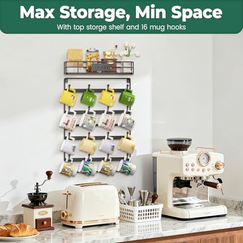 EsLuker.ly Coffee Mug Holder Wall Mounted Display Rack, Black | Metal Cup Hanger Organizer with16 Hooks, Wood Rustic Shelf for Coffee Bar Home Kitchen, Space Saving Wall Storage - style: 16 Hooks with Metal Basket
