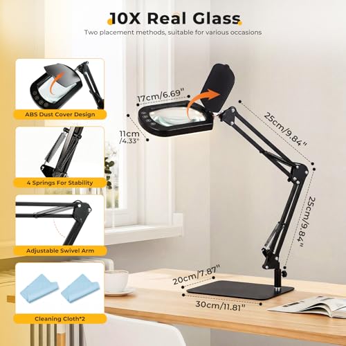 10X Square Magnifying Glass with Light and Stand/Clamp, 80 LED Lighted Magnifier with Dust Cover, 5 Color Modes Stepless Dimmable, Hands-Free Desk Magnifying Glasses for Close Work, Crafts, Reading