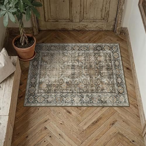 Brown Small Entryway Rug 2x3 Vintage Traditional Distressed | Washable, Non Slip, Soft Low Pile, Door Mat for Indoor Entrance, Kitchen, Bathroom, Farmhouse Decor - color: Accent Brown, size: 2' x 3' (Rectangular)