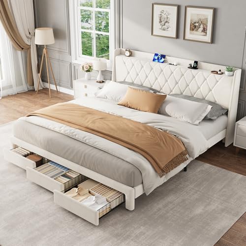 Garvee King Size Bed Frame with Storage, Velvet Upholstered Platform Bed Frame with Crystal Tufted Headboard, Charging Station, 3 Drawers, No Box Spring Needed, Noise-Free,for Bedroom, Ivory | Velvet Upholstered Platform Bed Frame with Crystal Tufted Head