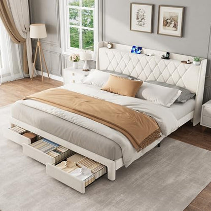 Garvee King Size Bed Frame with Storage, Velvet Upholstered Platform Bed Frame with Crystal Tufted Headboard, Charging Station, 3 Drawers, No Box Spring Needed, Noise-Free,for Bedroom, Ivory | Velvet Upholstered Platform Bed Frame with Crystal Tufted Head