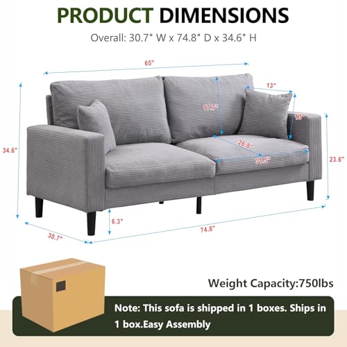 74 "Loveseat Couches,Small Love Seat Sofa with Pillows for Small Spaces,Comfy Corduroy Sofas w/ Wood Frame,Tool-Free Setup Compact Futon Couch for Apartment,Dorm,Office,Settee (Light Gray, 3-Seater) - color: Light Gray, size: 3-Seater