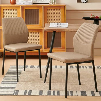 PU Leather Dining Chairs Set of 2, Mid-Century Modern Beige Leather Kitchen Chairs, Armless Dining Room Chairs with Black Metal Legs for Dining Room, Living Room - color: Beige, size: 2 Chairs