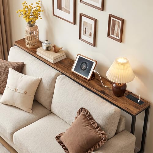MAHANCRIS 70.9'' Console Table with Power Outlet, Narrow Sofa Table with Charging Station, Skinny Behind Couch Table for Entryway, Hallway, Foyer, Living Room, Rustic Brown CTHR18E01Z1 - color: Rustic Brown, Black, size: 70.9"L x 7.9"W x 31.7"H