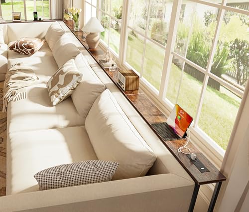Huuger 157.5 Inch Sofa Table with Power Outlets, Skinny Behind Couch Table | 5.9 Inch Narrow Entryway Table, Extra-Long Console Table, Behind the Couch Table with Outlet for Living Room, Rustic Brown - color: Rustic Brown, size: 5.9"D × 157.5"W × 29.7"H