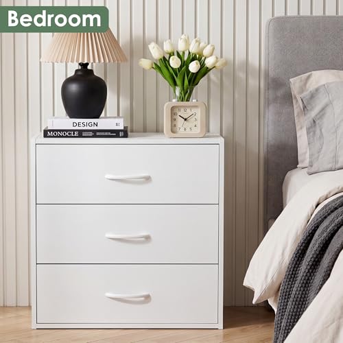 PrimeZone 3 Drawers Wood Closet Dresser Stackable Storage Organizer White | Modular Chest Cabinet Clothes Short Small Low Deep Bedroom Dorm Underbed Wardrobe Nursery Office Inside Pull Out Space Saving