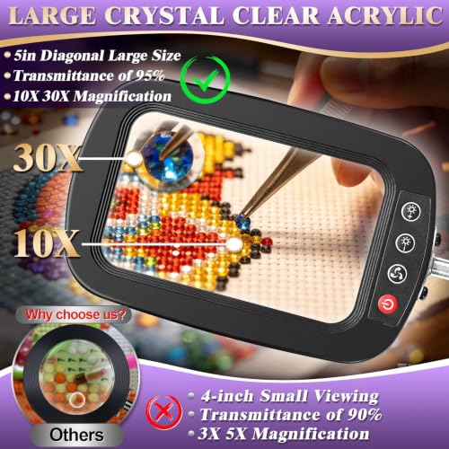10X 30X Magnifying Glass with Light and Stand,Large Desk Lamp Magnifiers | Large Crystal-clear Magnifies,3 Color Modes&10 Brightness Levels for Reading,Crafting,Repair,flexible Arm,Large Stable Base