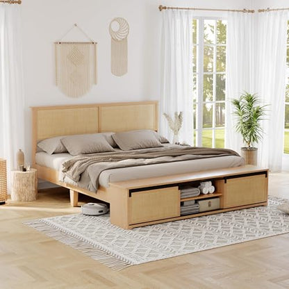 GarveeHome Natural Rattan Queen Size Bed Frame with Storage Cabinets | Cabinet with Sliding Barn Door, LED Light Headboard, Solid Wood Legs Support, No Box Spring Needed - size: Queen