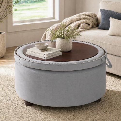 30" Round Storage Ottoman Coffee Table, Tufted Lid & Wood Top, Gray | Nailhead Trim Solid Wood Legs Extra Large Footrest Linen-Like Fabric - color: Grey