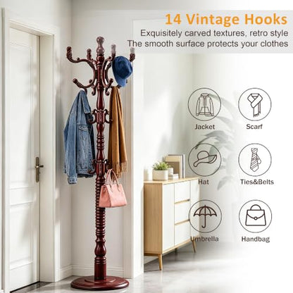 Heavy Duty Coat Rack Stand Freestanding Coat Tree for Small Space,mahogany | Birch Wood Main Pole,Multifunctional,14 Hooks and 1 Round Base,for Hallway,Bedrooms,3 Height Adjustable(48.8-72.3") - color: Mahogany