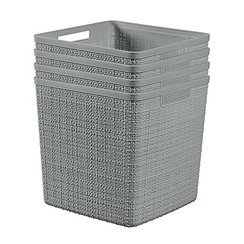 Curver Set of 4 Large Cube 17L Jute Decorative Plastic Organization and Storage Baskets - Perfect Bins for Home Office, Closet Shelves, Kitchen Pantry and All Bedroom Essentials, Grey - color: Grey, size: Large Cube 17L