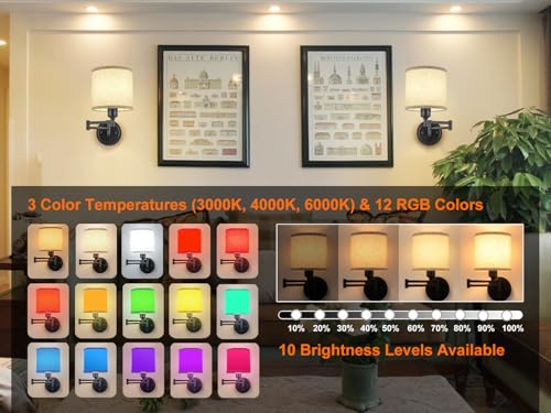 GOODATE Battery Operated Wall Sconce with Remote Control, 15 Colors Dimmable Wireless Wall Sconces Set of Two, Rechargeable Cordless Wall Sconce Light, Swing Arm Wall Lamp with Linen Fabric Shade