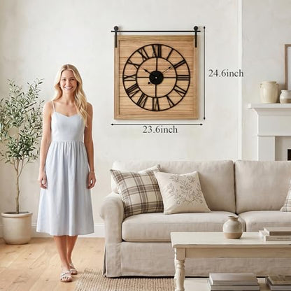 EMAX HOME 24 Inch Large Farmhouse Wall Clock, Unique Square Rustic Solid Wood Frame with Black Metal Hanging Rod, Silent Non-Ticking Quartz Movement, for Living Room, Bedroom, Kitchen - color: Brown 2