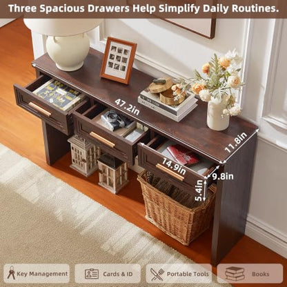 RWYHG 47" Entryway Table with 3 Drawers, Modern Wood Console Table, Walnut | Layered Drawer Front Design , Open Bottom Storage, Farmhouse Behind Couch Table, Entry Table for Living Room Hallway& Foyer - color: Walnut