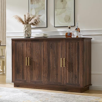 Okvnbjk Modern Sideboard Buffet Cabinet with Storage, Walnut | Fluted Coffee Bar Cabinet with 4 Doors & Adjustable Shelves for Kitchen, Dining Room, Living Room & Hallway - color: Walnut