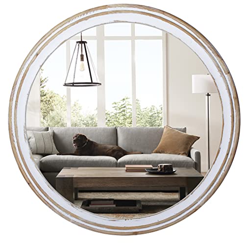 30 Inch Round Wall Mirror, Whitewashed Farmhouse Wooden Circle Mirrors | Over-Sink Styling, Soft Rustic Charm, Cozy Accent for Entryway, Living Room, Foyer, Bedroom, Bathroom, and Hallway - color: Style 3, size: 30"L x 30"W