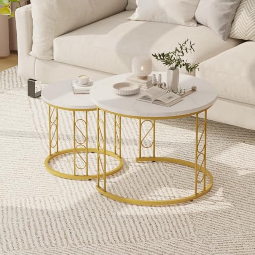 Coffee Table Faux Marble Nesting Table for Small Place 2 Sets Modern Furniture Living Room Sets End Side Table Night Stand for Bed Room Dining Room (White & Gold) - color: White and Gold