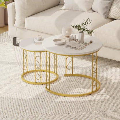 Coffee Table Faux Marble Nesting Table for Small Place 2 Sets Modern Furniture Living Room Sets End Side Table Night Stand for Bed Room Dining Room (White & Gold) - color: White and Gold