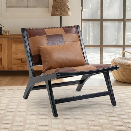 Accent Chair, Modern Comfy Genuine Leather Armless Accent Chairs | Mid-Century Anthropologie , Lounge Arm Chair with Solid Wood, Floral Pattern Sofa Chair for Living Room/Balcony/Bedroom - color: Leather-brown-1818