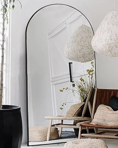Floor Mirror, 81"×41" Arched Full Length with Stand, Standing, Full Body, Large, Wall, Freestanding, Aluminum Frame - Black - color: Black, size: 81"L x 41"W