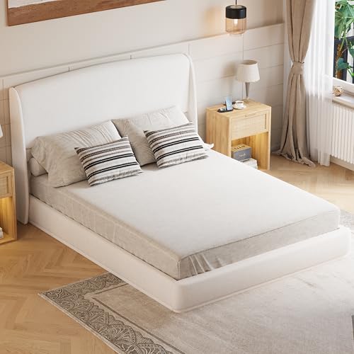 RuiSiSi Queen Size Upholstered Bed with Wingback Headboard, Low Profile Linen Fabric Platform Bed Frame, Strong Wood Slats, No Box Spring Needed, Easy Assembly, Beige - color: Beige