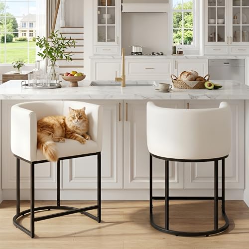 HNY White Modern Barrel Counter Height Clearance Bar Stools Set of 2, 24 Inch PU Leather Kitchen Barstools with Back for Island, with Black Metal Tubular Frame - color: 24inch White,black Base