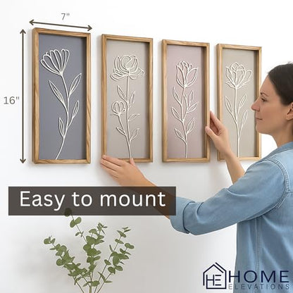 3D Wooden Floral Bathroom Wall Decor, Set of 4 Framed Wall Art | For Living Room, Bedroom, Dining, Office & Kitchen – Boho Botanical Wall Hanging, Modern Farmhouse Home Decor & Gift