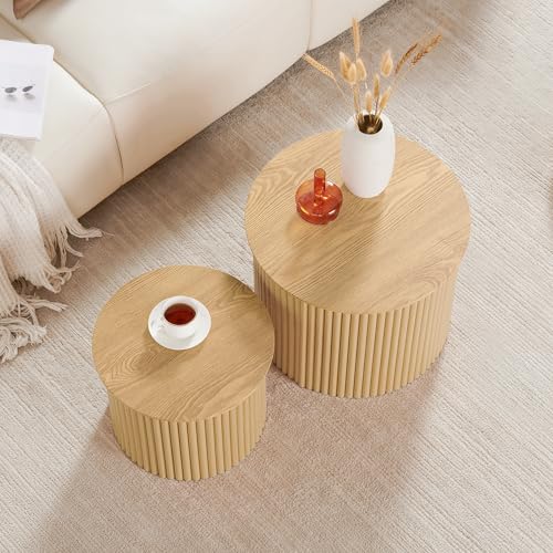 Round Nesting Coffee Table Set of 2, Small Fluted Coffee Table Circle Side Table, Boho Modern Wood Nesting Tables Farmhouse End Table Set for Living Room, Bedroom, Small Spaces(Natural) - color: Wood, size: Small-Fluted