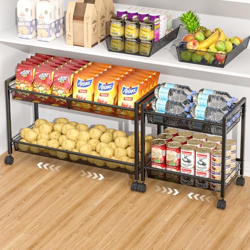 3IngSeagulls 2-Tier Expandable Rolling Pantry Floor Organizer, Stackable Pantry Storage Cart with Wheels, Kitchen Fruit and Vegetable Storage Rack for Onion, Potato, Food, Snacks