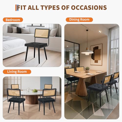 GarveeHome Natural Rattan Dining Chairs Set of 4, Velvet Upholstered Kitchen Chairs with Tall Cane Backrest and Strong Wood Legs for Dining Room, Kitchen, Restaurant, Black - color: Black, size: 4 PCS