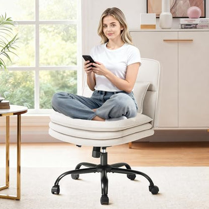 Furmax Criss Cross Legged Office Chair with Wheels, Armless Extra Wide Seat Swivel Desk Chair, Adjustable Height Comfy Task Chair with Thick Cushion for Home Office Bedroom Vanity (Fabric, Beige) - color: Beige