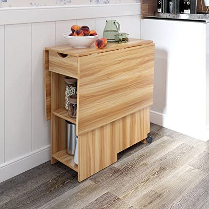 Mondeer Folding Dining Table with Drawer and Shelves, Red Oak | Drop Leaf Kitchen Table with 1 Drawer and 2 Storage Shelves in Modern Style for Small Spaces and Seats 4-6 People. - color: Red Oak
