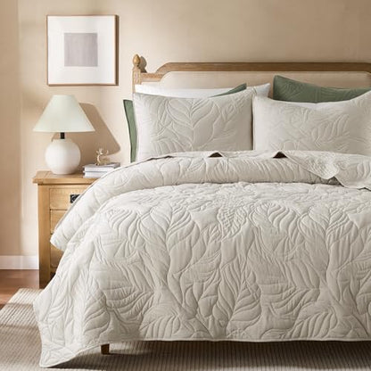 R.SHARE Beige King Size Quilt Set, Neutral Soft Lightweight Bedspread, Farmhouse Rustic Country Coverlet, Leaf Pattern Bedding with 2 Shams, 3 Pieces Spring Summer Thin Comforter - color: Beige, size: King (104"x90")