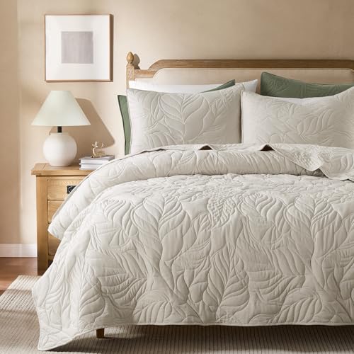 R.SHARE Beige Twin Size Quilt Set, Neutral Soft Lightweight Bedspread, Farmhouse Rustic Country Coverlet, Leaf Pattern Bedding with 1 Shams, 2 Pieces Spring Summer Thin Comforter - color: Beige, size: Twin (68"x90")