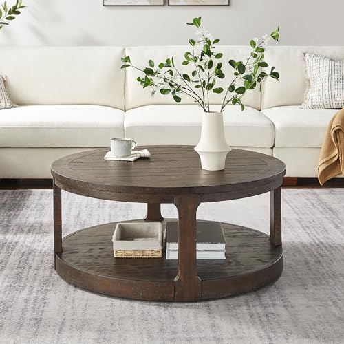 Round Nesting Coffee Table Set of 3, Mid Century Rustic Farmhouse Solid Wood Coffee Tables Center Table for Living Room Apartment, ø40 + ø24 + ø17.56 (Drak Brown) - color: 40"+24"+17.56" Dark Brown