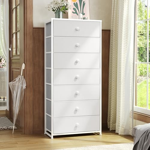 Fabric Dresser for Bedroom, Wide 7-Drawer Tall Vertical Tower (White) | Wooden Top, Steel Frame, Easy Pull Bin,Organizer Unit for Living Room, Hallway, Entryway, Nursery, Closets - color: White, style: Wide-7 Drawers