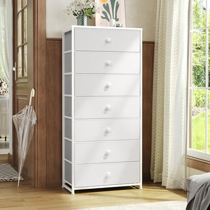 Fabric Dresser for Bedroom, Wide 7-Drawer Tall Vertical Tower (White) | Wooden Top, Steel Frame, Easy Pull Bin,Organizer Unit for Living Room, Hallway, Entryway, Nursery, Closets - color: White, style: Wide-7 Drawers