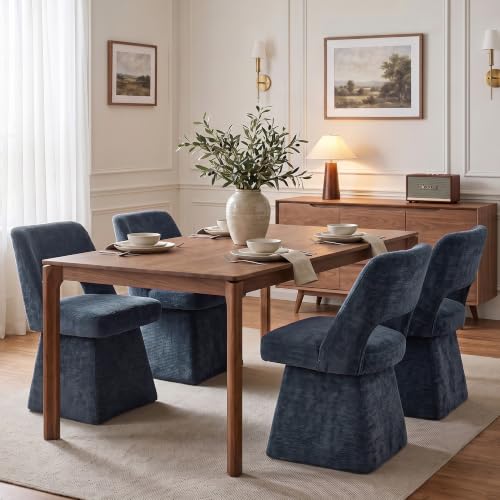VKNOW Upholstered Swivel Dining Chair with Curved Open Back | Modern Dining Room Chairs with Chenille Fabric, Space-saving, Easy Assembly, for Dining Room, Living Room, Bedroom, Blue - color: Blue