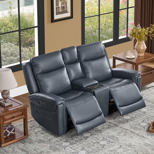 Watson & Whitely Recliner Sofa 3 Seat & Loveseat with Console, Blue | Genuine Leather, Super Zero Gravity Design, Power Headrest, Wireless Charger, Living Room Reclining Sectional Sofa Set - color: Blue, size: 5-Seat Sofa with Console