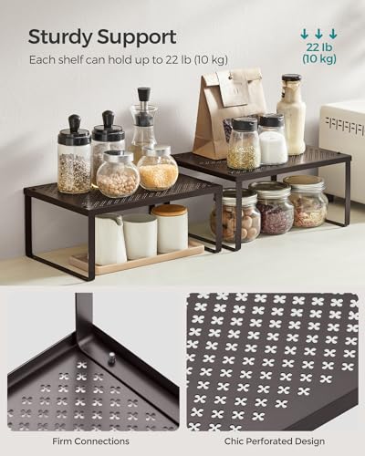 SONGMICS Set of 2 Metal Spice Racks, Stackable Expandable Shelf Risers | Steel Cabinet Shelf Organizers, Countertop Organizers, Rustic Walnut BEQUE Collection UKCS01BR