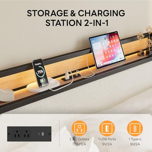 LIKIMIO King Size Bed Frame with Headboard, LED Lights and Charging Station | Upholstered sherpa storage headboard with LED & charger; heavy-duty slats; noise-free; modern elegance; natural and cream - color: Natural and Cream, size: King