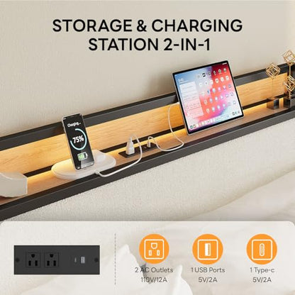 LIKIMIO King Size Bed Frame with Headboard, LED Lights and Charging Station | Upholstered sherpa storage headboard with LED & charger; heavy-duty slats; noise-free; modern elegance; natural and cream - color: Natural and Cream, size: King