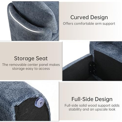 Usaint 58.3" Upholstered Storage Ottoman Bench with 2 Throw Pillows, Blue | End of Bed Bench with Curved Arms and Thickened Seat Cushion for Bedroom, Livingroom, Window, Entryway and Dressing Areas - color: Blue