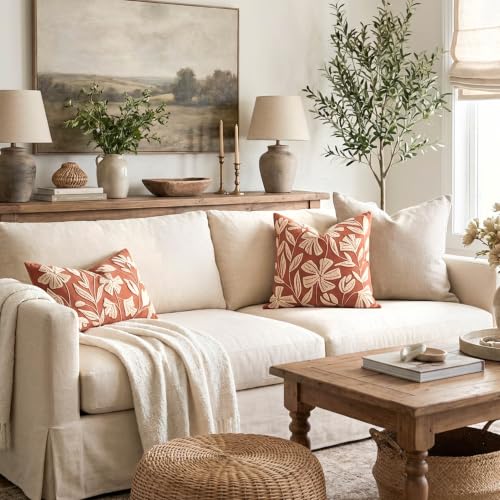 Lumbar Pillow Cover 12x20 Inch, Rust Terracotta Floral Tufted Velvet Decorative Accent Pillow Case for Sofa Bed Living Room, Cover Only - color: Orange Terracotta, size: 20" x 12" (Pack of 1)