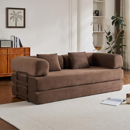 ZEIINPA Convertible Folding Couch Bed, Comfy Corduroy Sleeper Floor Sofa Bed with Fixed-Shape Frame, Floor Sofa with Armrest, Lounge Couch for Living Room Bedroom Lounge Studio, Dark Brown