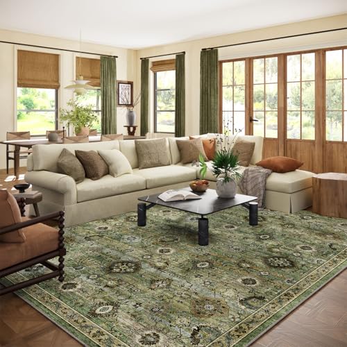 Washable Area Rugs for Living Room: 8x10 Rug Boho Vintage Rugs Stain Resistant Non Slip Low Pile Lightweight Soft Carpets for Bedroom Kitchen Dining Room Nursery Kids Room Farmhouse Home Office - color: Green and Beige, size: 8' x 10' (Rectangular)