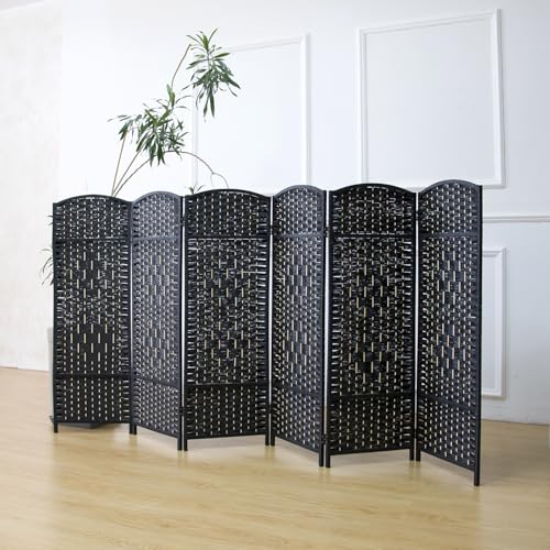6-Panel Short Room Divider, 3.9 ft Freestanding Partition Wall, Natural Black Rattan Double-Sided Folding Screen for Living Room, Bedroom & Corner Privacy - color: Black, size: 6 Panel
