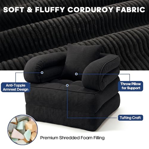 Folding Sofa Bed, Convertible Sleeper Chair with Armrests for Adults, Foldable Corduroy Boneless Bed, 3-in-1 Portable Futon Couch Floor Sofa with Pillow for Bedroom, Living Room, Black